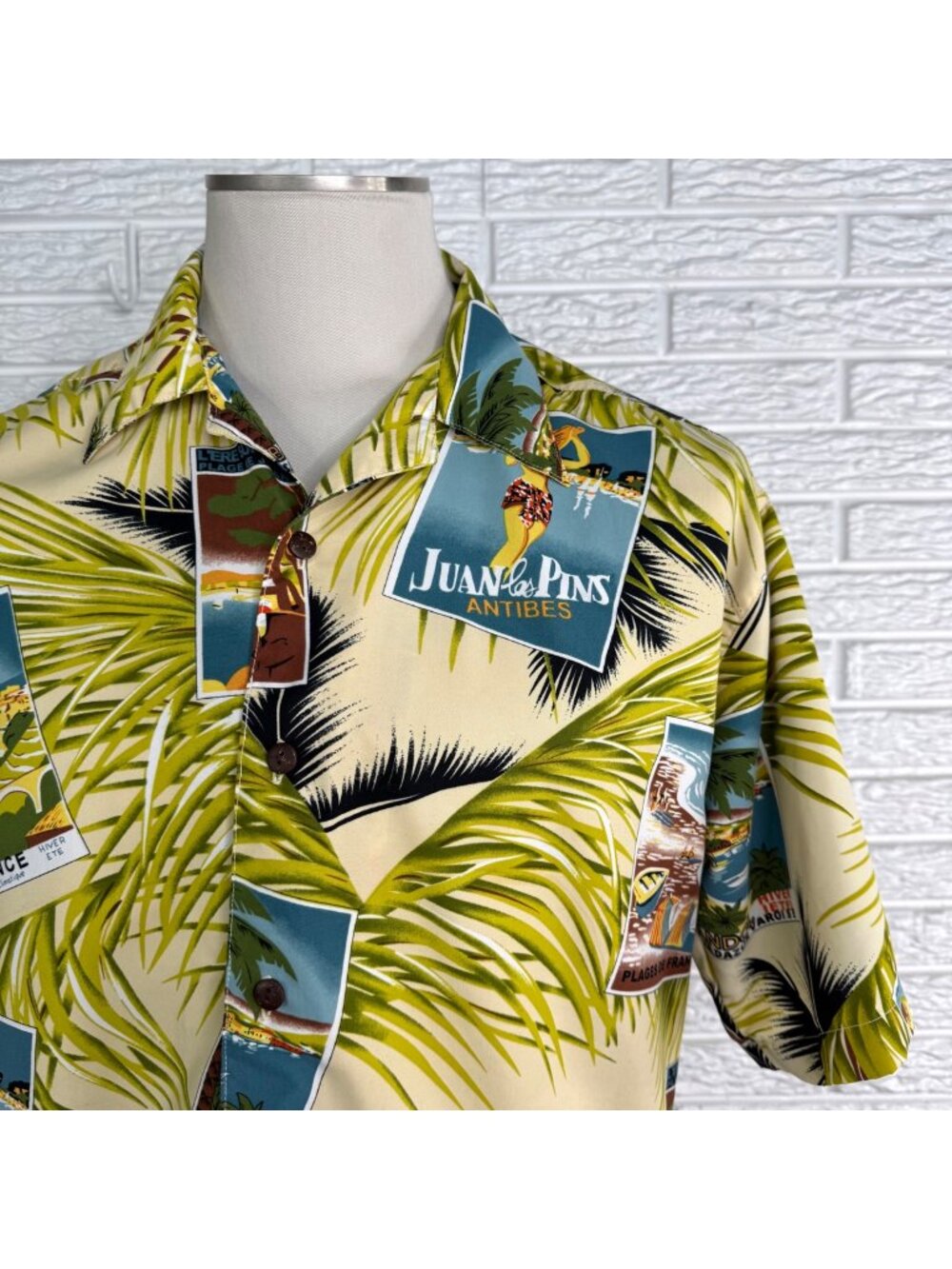 Vtg KAD Hawaiian Camp Shirt Green Palm Tree French Riviera Postcard Graphics SM